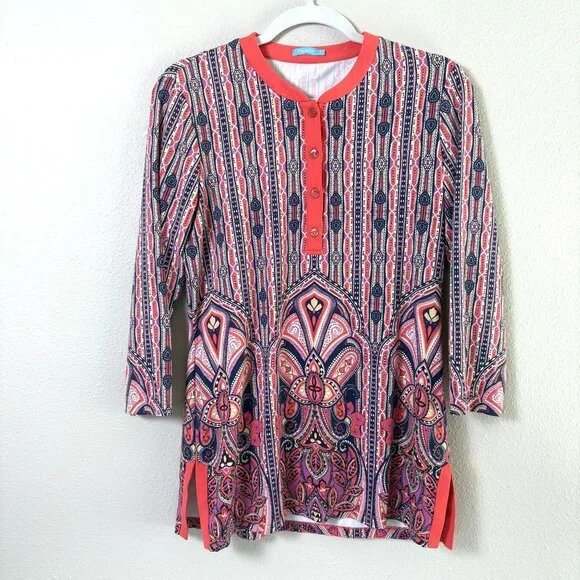J McLaughlin Tunic Top Size S Coral Navy Paisley 3/4 Sleeve Catalina Cloth - Picture 1 of 12
